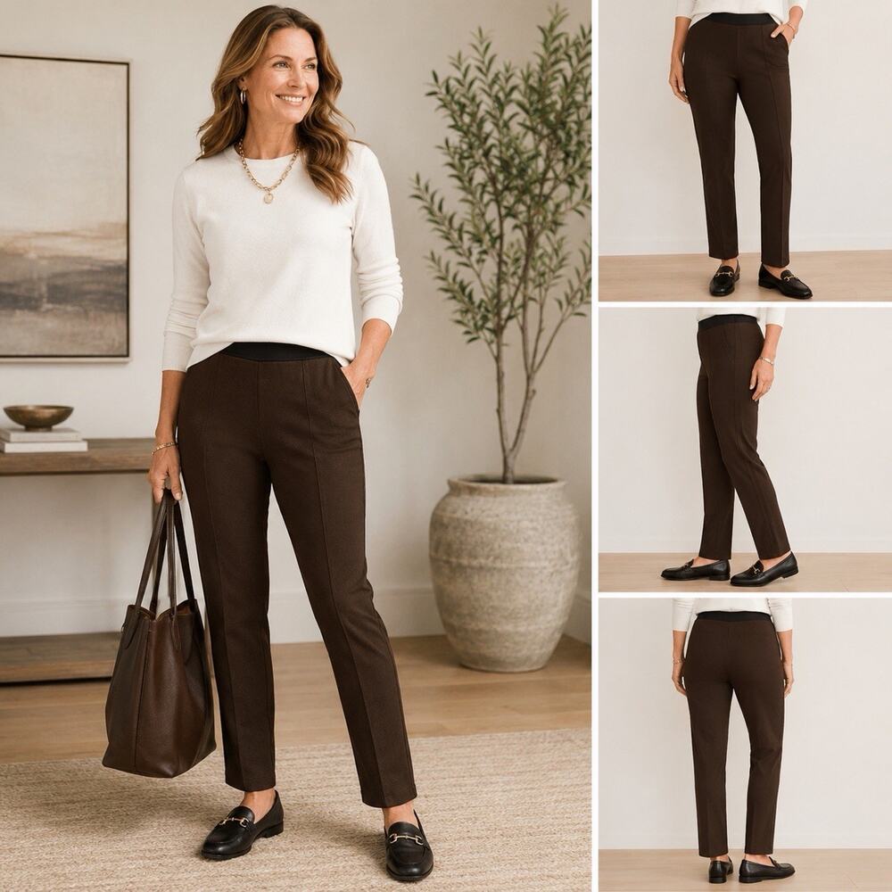 Talbots Women XL Brown Ponte Knit Pull-On Pants Stretch Career Office Casual